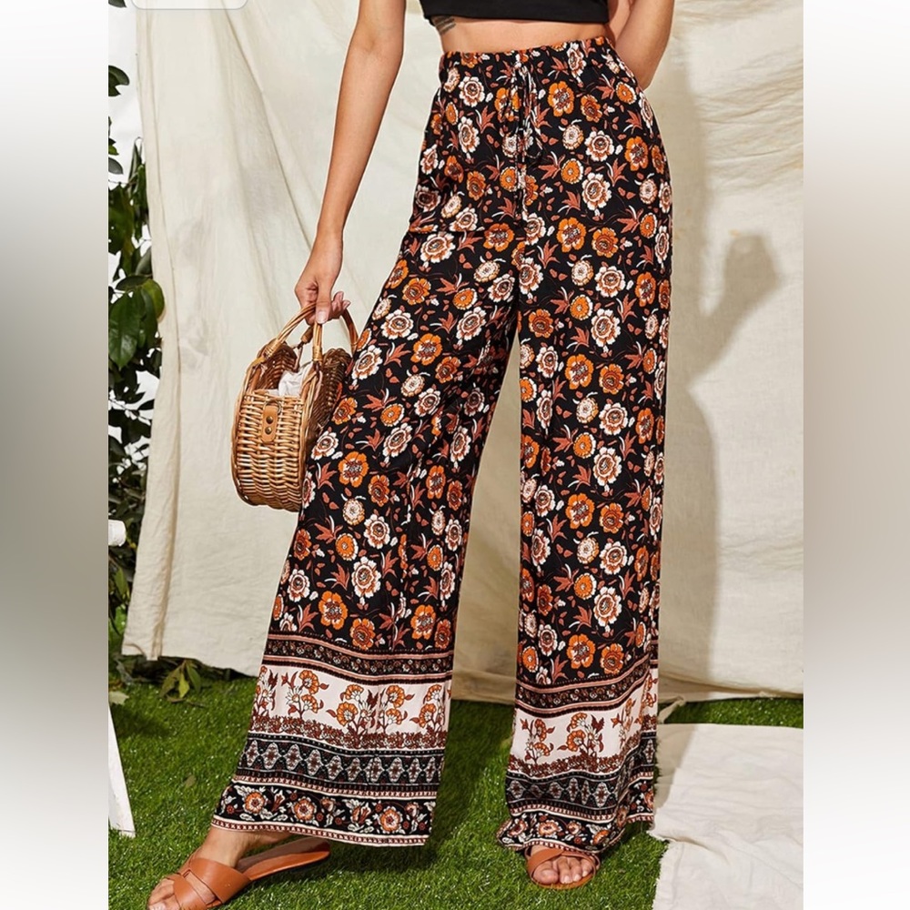 Women Tie Front Floral Print Wide Leg Pants (Size : Small)